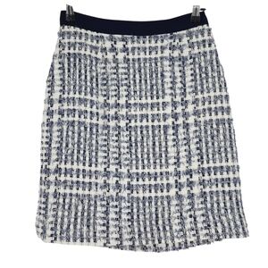 Kate Spade Straight Pencil Skirt White Navy Plaid Tweed Zip Back Lined 2